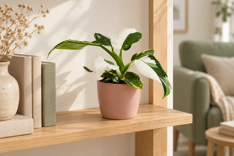 Junger Philodendron White Princess mit grün-weißen Blättern auf einem hellen offenen Bücherregal in einer KI-gestalteten Wohnszene