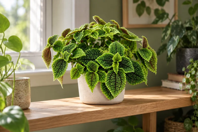 Junge Pilea Moon Valley in einer hellen geschützten Wohnszene
