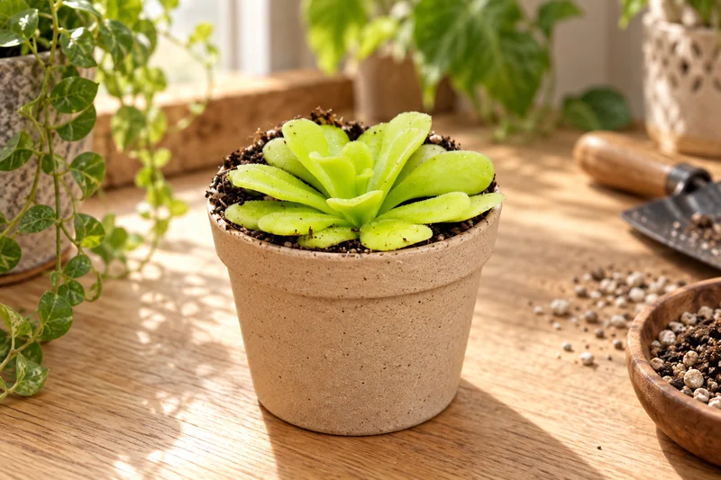 Kleine hellgrüne Pinguicula-agnata-Rosette im sandfarbenen Topf auf einer warm beleuchteten Pflanzablage