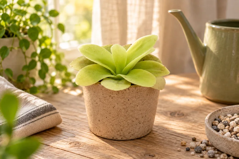 Junge breite hellgrüne Pinguicula-gigantea-Rosette im kleinen sandfarbenen Topf auf einem hellen Pflanztisch