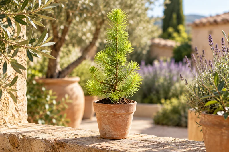 Junge Pinus pinea mit feinen grünen Nadeln in einem Terrakottatopf auf einer hellen mediterranen Terrasse, KI-gestaltete Szene