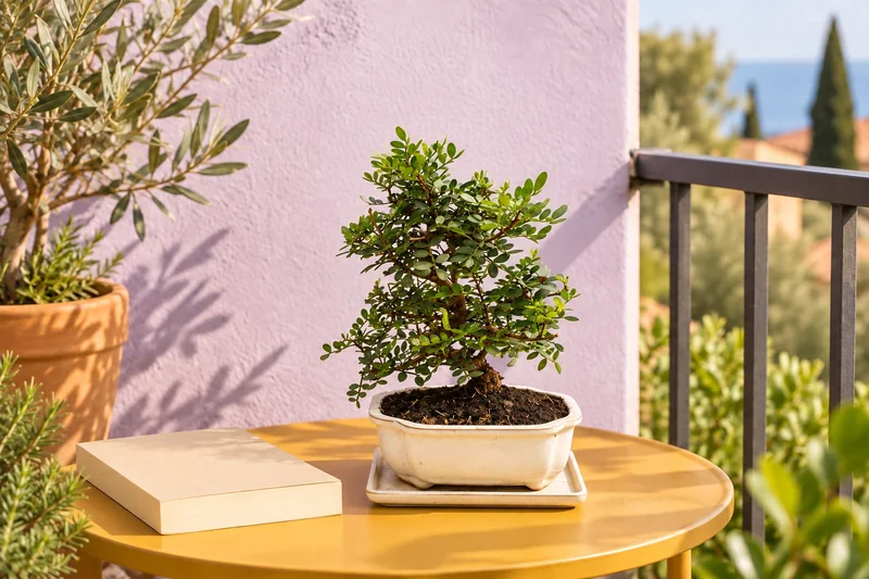 Mastixstrauch als Bonsai in einer KI-gestalteten Szene nach dem Original-Shopbild