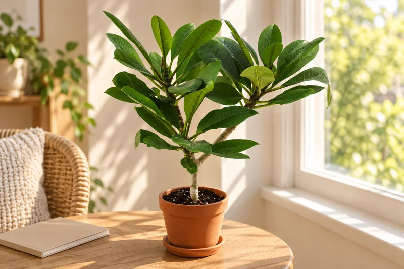 Junge vegetative Plumeria mit grauem verzweigtem Stamm und länglichen grünen Blättern im Terrakottatopf an einem warmen hellen Wintergartenplatz