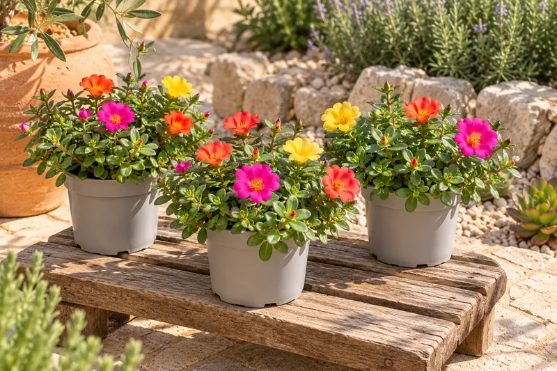 KI-gestaltete Gartenszene mit Portulaca oleracea · ornamentale Konfetti-Auswahl in den Proportionen der jungen Sortimentspflanzen
