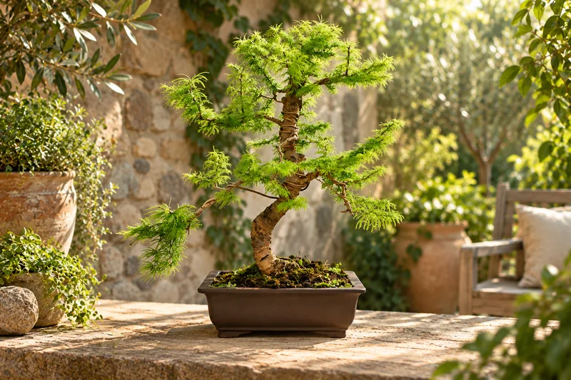 KI-gestaltete Gartenszene mit Pseudolarix amabilis in den Proportionen der jungen Sortimentspflanzen