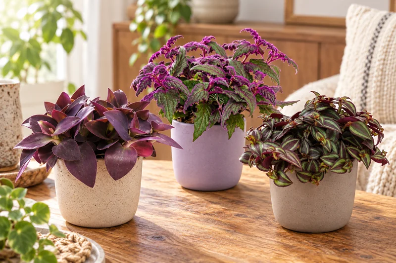 Drei verschiedene Purple-Leaves-Pflanzen in einzelnen Töpfen auf einem hellen Pflanztisch