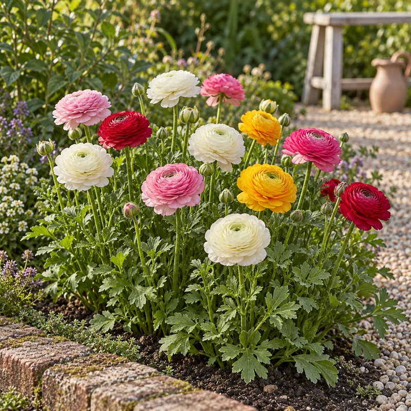 Gefüllte Ranunkeln in Weiß, Rosa, Gelb und Rot mit tief geteiltem Laub in einem kleinen Beet an hellem Kiesweg und Backsteinkante