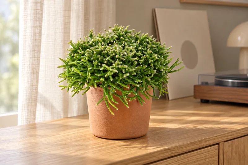 Kompakte Rhipsalis burchellii mit feinen hellen Härchen auf einem hellen Holzsideboard