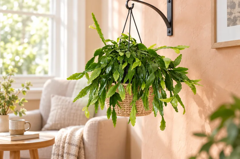 Rhipsalis crispata mit flachen gewellten Sprossen in einem kleinen geflochtenen Außenkorb an einem hellen Leseplatz in einer KI-Szene