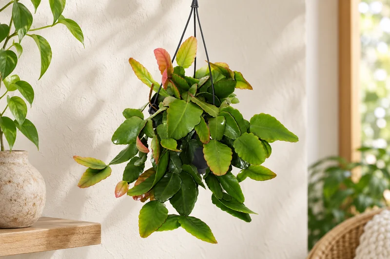 KI-gestaltete Wohnszene mit Rhipsalis pachyptera rubra in den Proportionen der jungen Sortimentspflanze