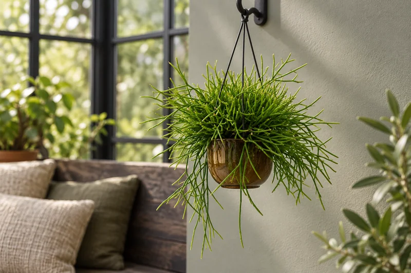 Junger Rhipsalis pulchra mit feinen locker verzweigten grünen Sprossen in einer kleinen bernsteinfarbenen Ampel im hellen Gartenzimmer einer KI-Szene
