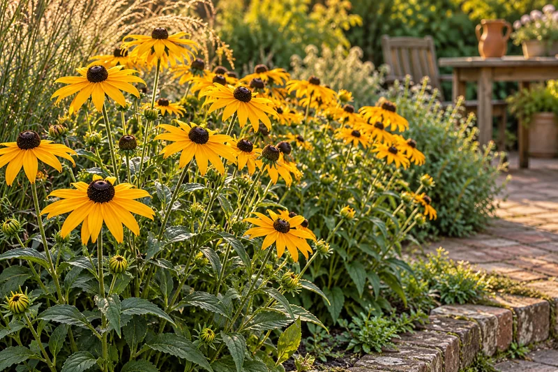 Später eingewachsene Sonnenhüte Goldsturm mit goldgelben Blüten und dunklen Mitten in einem Gartenbeet
