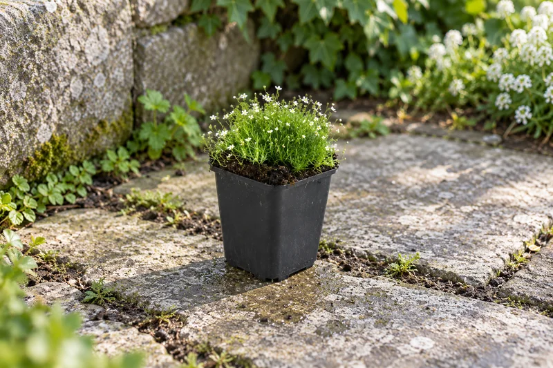 Sternmoos als einzelne junge Topfpflanze am Gartenplatz; KI-Szene