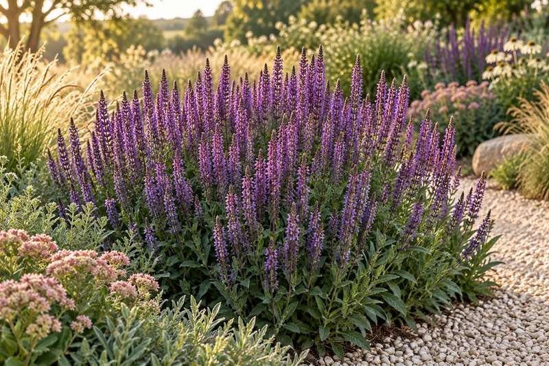 Caradonna-Steppensalbei mit violetten Blütenähren und dunklen Stielen in einem beispielhaften sonnigen Staudenbeet