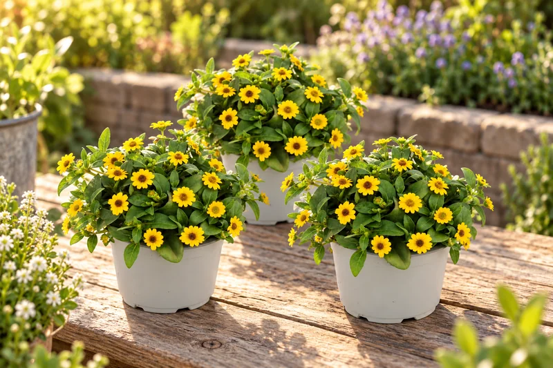 KI-gestaltete Gartenszene mit Sanvitalia procumbens in den Proportionen der jungen Sortimentspflanzen