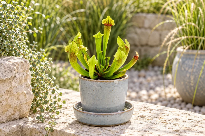 Schlanke grüne Sarracenia Fiona in einem glasierten Gefäß mit Wasseruntersetzer in einem hellen geschützten Hof, KI-Szene