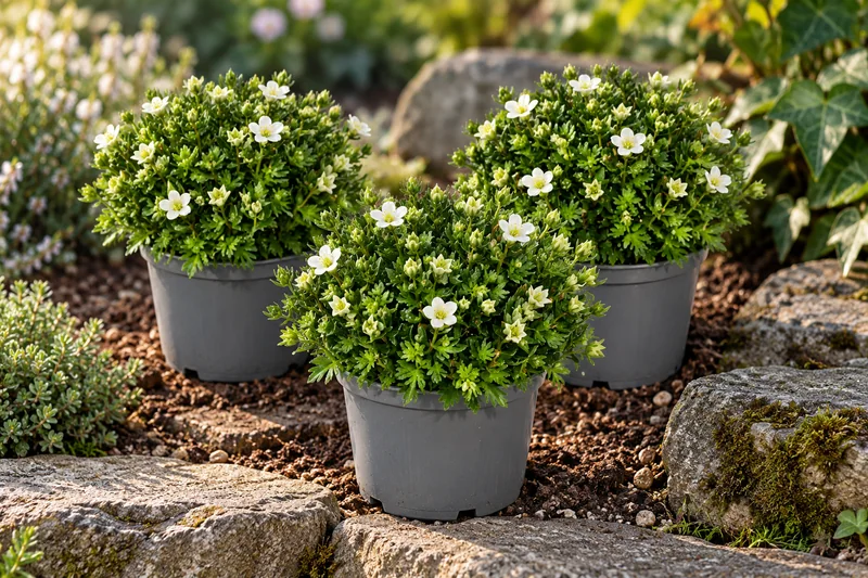 KI-gestaltete Gartenszene mit Saxifraga × arendsii · weiß blühend in den Proportionen der jungen Sortimentspflanzen