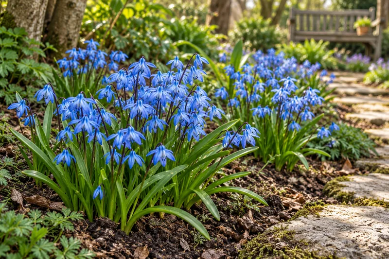 KI-gestaltete spätere Blüte von Scilla siberica am passenden Gartenplatz