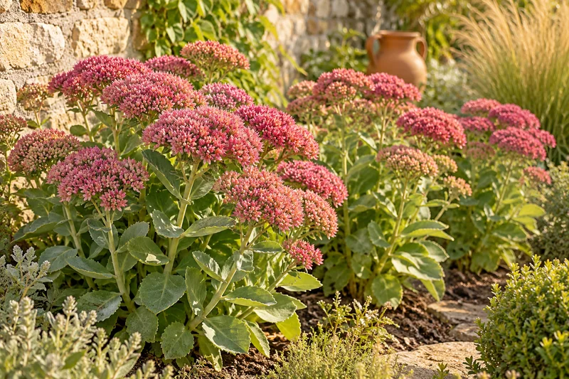 Später eingewachsene Fetthennen Herbstfreude mit rosa Blütentellern in einem sonnigen Gartenbeet