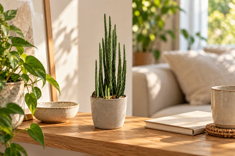 KI-gestaltete Wohnszene mit Senecio stapeliformis auf Basis der jungen Sortimentspflanze