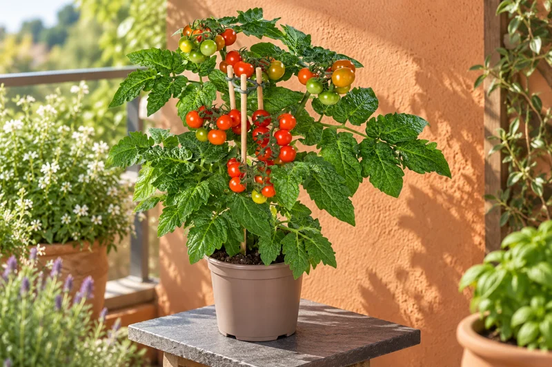 Kompakte Buschtomate mit grünen, orangefarbenen und roten runden Früchten im kleinen braunen Topf auf einem geschützten sonnigen Balkon; KI-gestaltete Szene