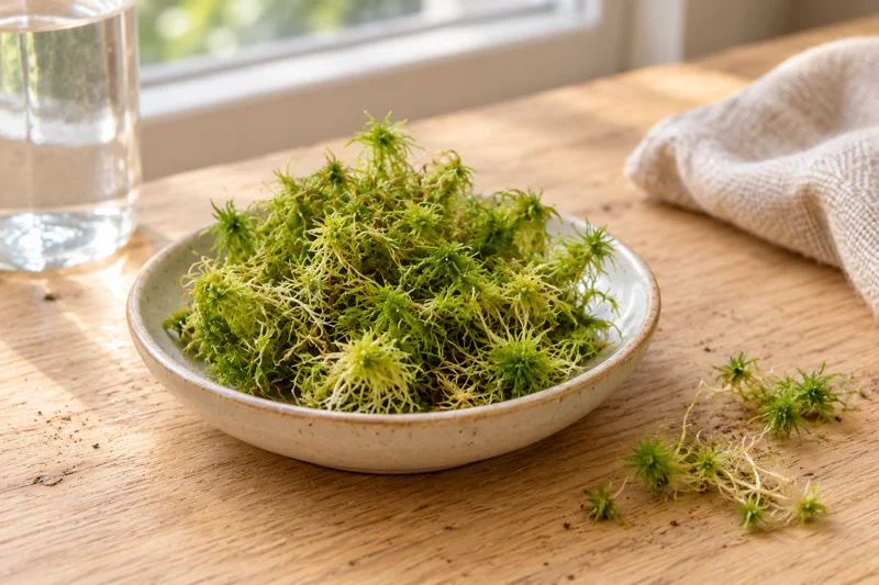 KI-Szene mit locker verzweigten Sphagnum-Trieben in einer flachen Schale auf einem hellen Pflanztisch