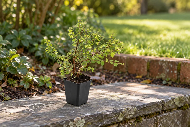 Niedrige Purpurbeere Hancock als kleine Jungpflanze im 9-cm-Topf an einem Gartenplatz