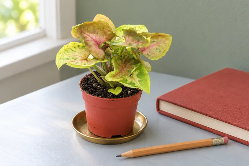 Kleine rosa-cremegrüne Purpurtute im rotbraunen Topf auf hellem Schreibtisch neben schlichtem Notizbuch und Bleistift