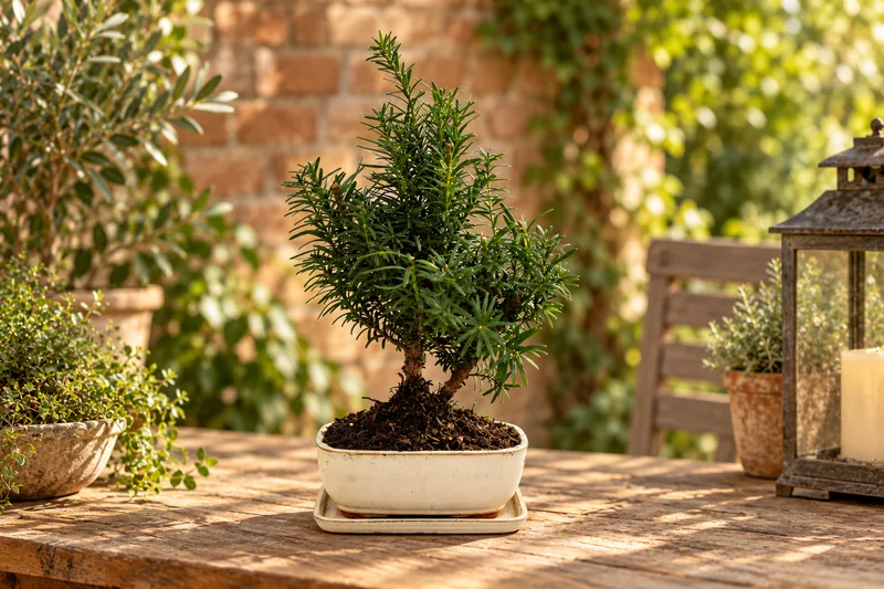 KI-gestaltete Gartenszene mit Taxus × media in den Proportionen der jungen Sortimentspflanzen
