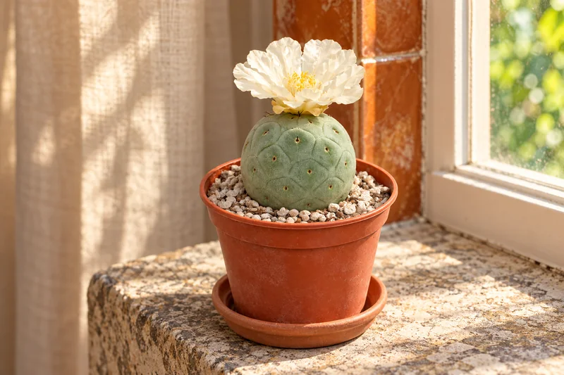 Tephrocactus geometricus in einer hellen KI-gestalteten Szene nach dem Original-Shopbild