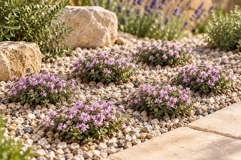 Sechs junge Purple-Beauty-Thymianpolster mit einzelnen purpurrosa Blüten in einem sonnigen Kiesbeet, KI-Szene