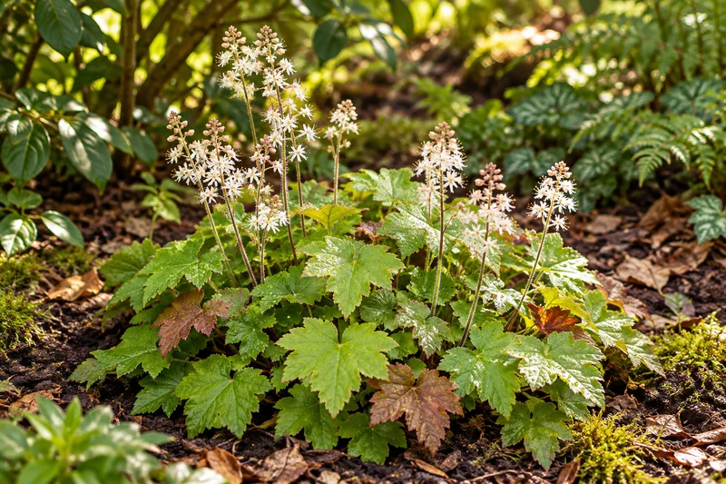 Eingepflanzte Schaumblüte mit gelappten Blättern und feinen cremeweißen Blüten im lichten Schatten, KI-gestaltete Gartenszene