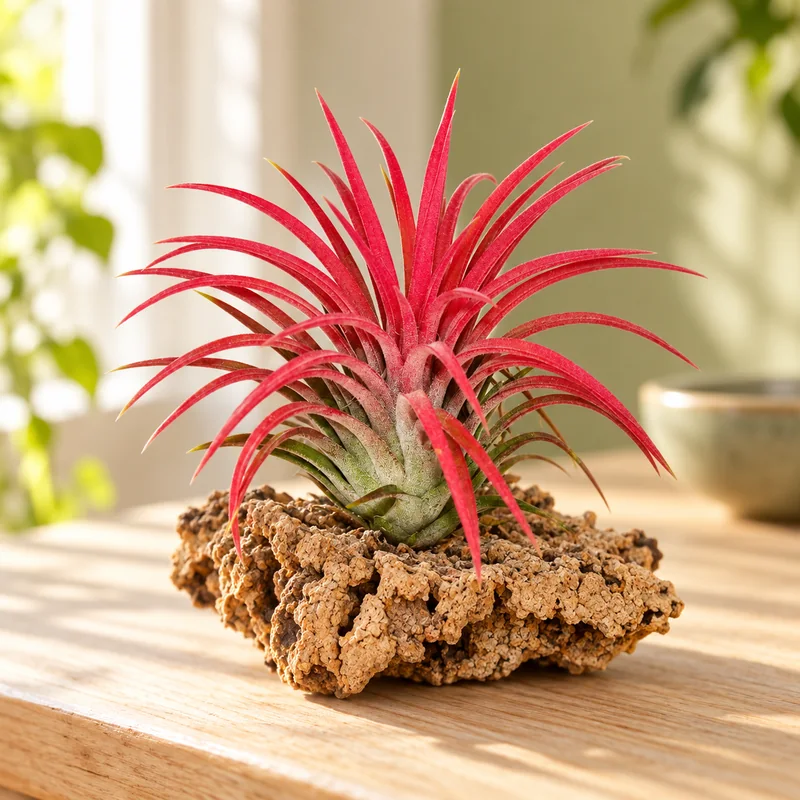 Einzelne Tillandsia ionantha Fire mit roten oberen Blättern und grüner Basis auf offenem Kork in KI-gestalteter Szene