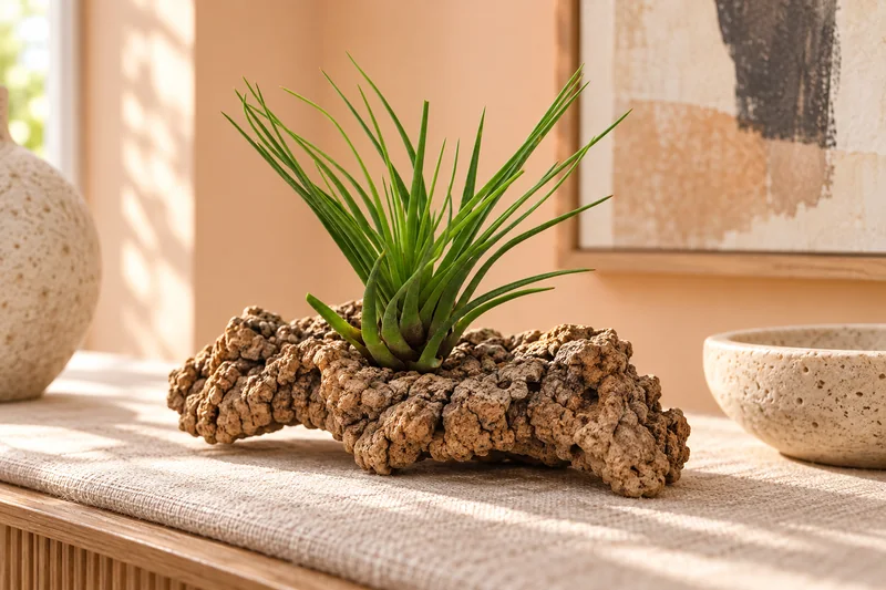 Eine kleine grüne Tillandsia melanocrater tricolor mit festen schmalen aufrechten Blättern und dunkler Basis offen auf Kork, KI-Szene