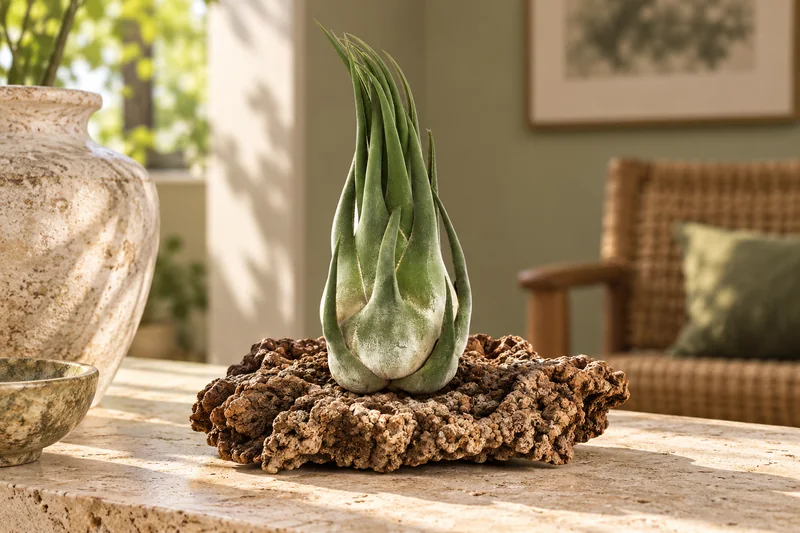 Eine lose Tillandsia seleriana mit großer silbriggrüner Scheinzwiebel und gedrehten schmalen Blättern offen auf Kork, KI-Szene