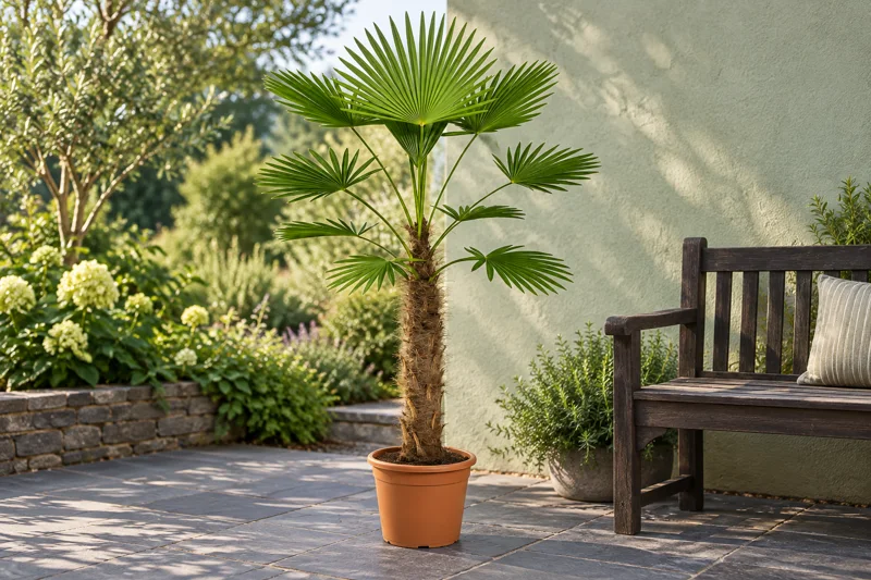 Eine Wagnerpalme mit steifen grünen Fächern und schlankem Faserstamm im braunen Kulturtopf neben einer Gartenbank; KI-gestaltet