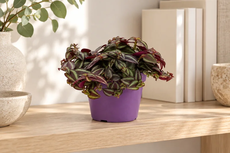 Junge niedrig wachsende Purple-Passion-Dreimasterblume mit violett-grün gestreiften Blättern auf einem hellen offenen Holzregal