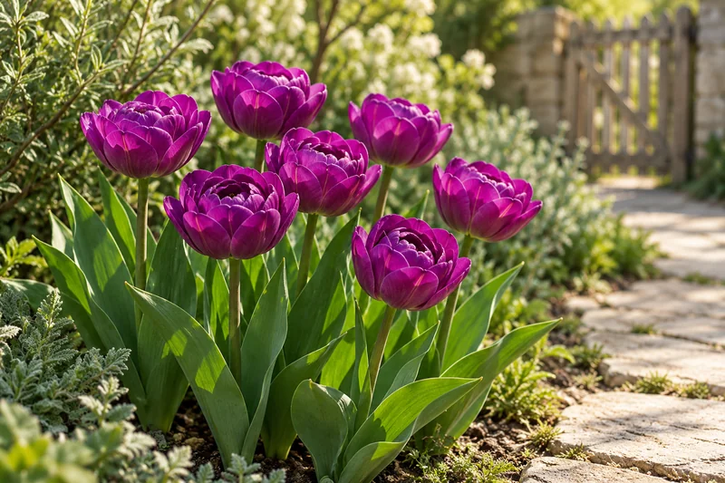 KI-gestaltete spätere violette Blüte der Garten-Handelsform Double Lilac an einem hellen Gartenweg