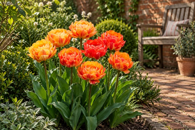 KI-gestaltete spätere Blüte von Tulipa 'Gudoshnik Double' am passenden Gartenplatz