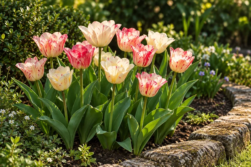 Variabel rosa-rot gezeichnete helle einfache Hemisphere-Tulpenbecher über breitem grünem Laub am Steinrand; KI-gestaltete spätere Gartenszene