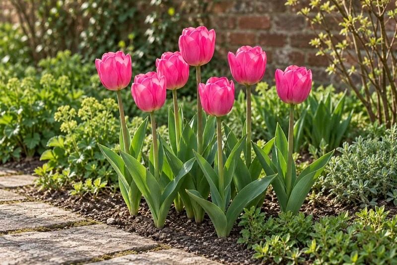 Pinke Triumph-Tulpen mit einfachen Bechern und breitem grünem Laub am Gartenweg in KI-gestalteter späterer Frühlingsszene
