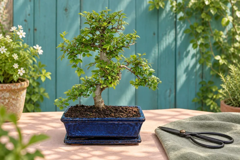 Chinesische Ulme als Bonsai in einer KI-gestalteten Szene nach dem Original-Shopbild