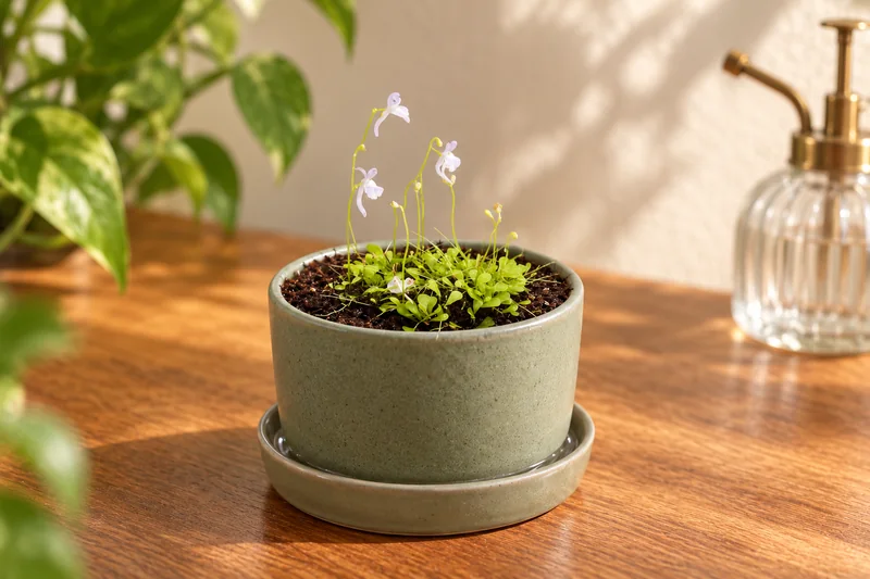 Kleine Utricularia sandersonii mit niedrigem grünem Teppich und feinen Hasenblüten im salbeigrünen Gefäß auf einem hellen Sammlertisch