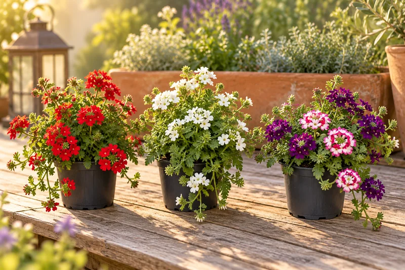 KI-gestaltete Gartenszene mit Verbena · hängende Sortenauswahl in den Proportionen der jungen Sortimentspflanzen