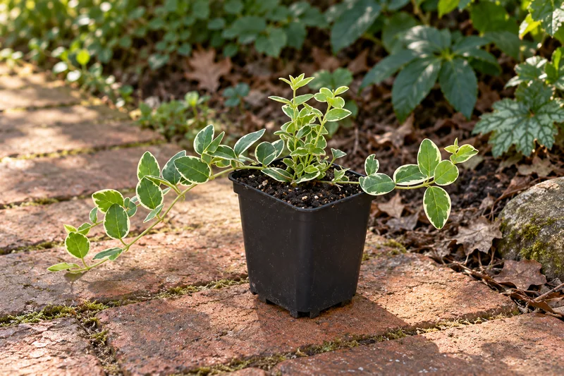 Kleines Immergrün Argenteovariegata als einzelne junge Pflanze im kleinen schwarzen Kulturtopf an einem Gartenplatz; KI-Szene