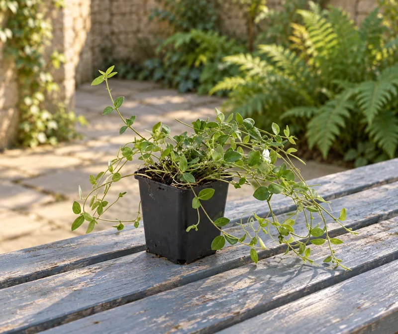 Weißes Immergrün Gertrude Jekyll als junge Topfpflanze in einer KI-gestalteten Gartenszene