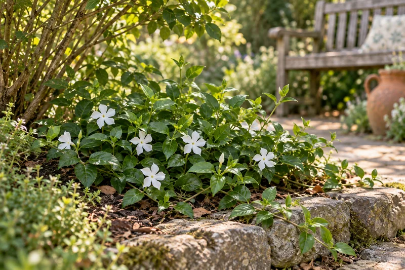 Später entwickeltes weiß blühendes Großblättriges Immergrün Alba mit glänzenden grünen Blättern in einem Gartenbeet