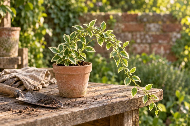 Junges weißbuntes Großblättriges Immergrün mit glatten cremegerandeten ovalen Blättern in einem Terrakotta-Übertopf auf einer Gartenwerkbank