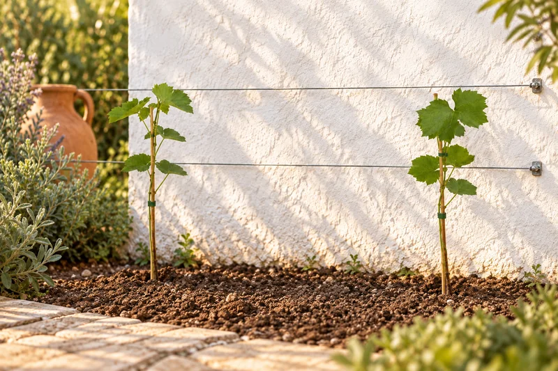 Zwei junge Vanessa-Weinreben frisch im Gartenbeet vor heller Wand und Rankdrähten gepflanzt, KI-Szene