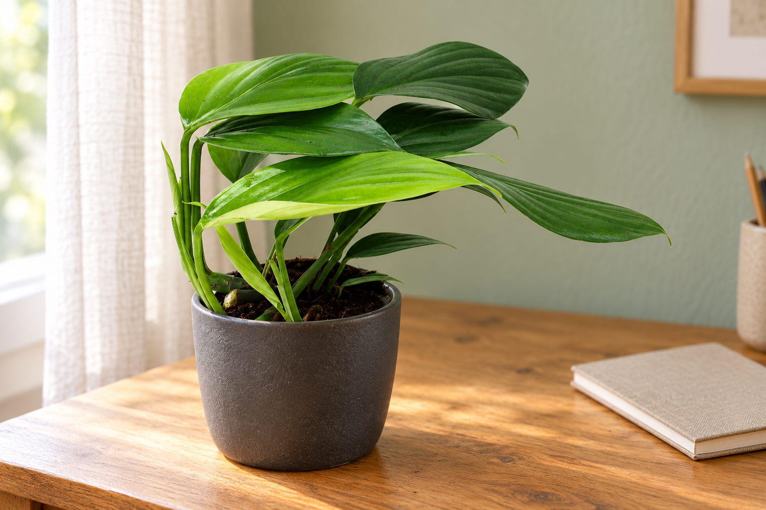 Jeune Rhaphidophora decursiva aux feuilles vertes longues et brillantes sur un bureau lumineux, dans un cache-pot sombre